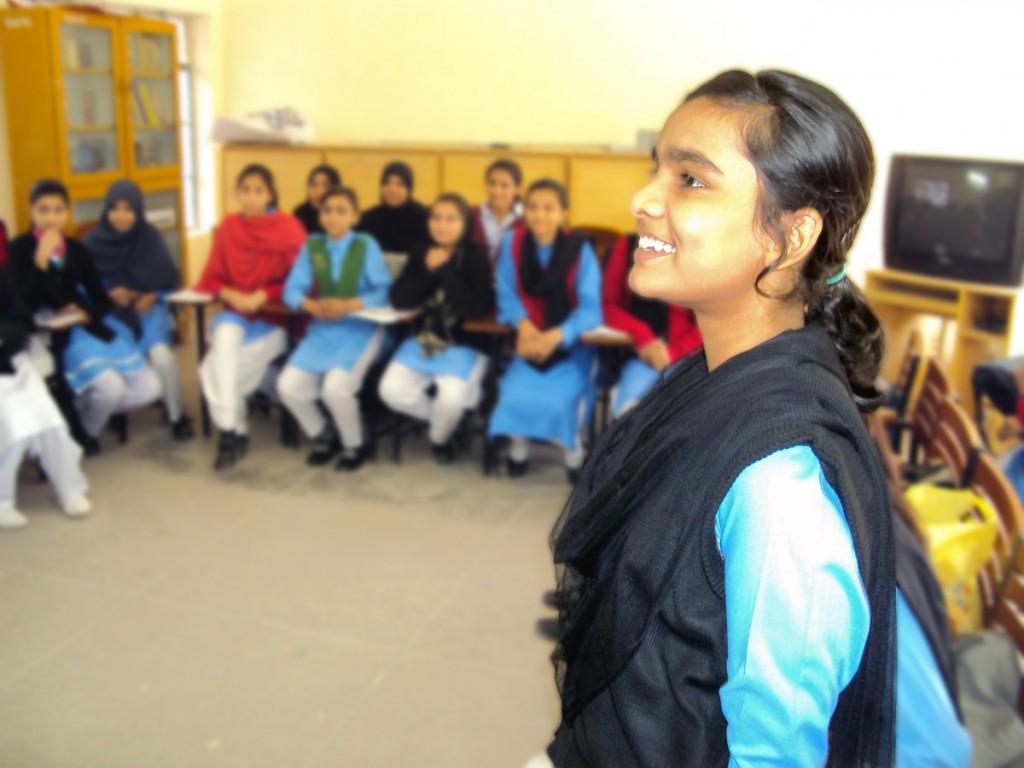 Teacher and students at Care Foundation school in Lahore.